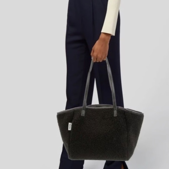 Neiman Marcus Faux Shearling Reversible Vegan Leather Black Tote Bag Luxury - Picture 3 of 15